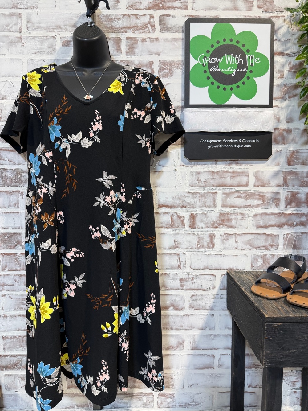 Apt. 9 Black Floral V‑Neck Midi Dress with Yellow & Blue Accents